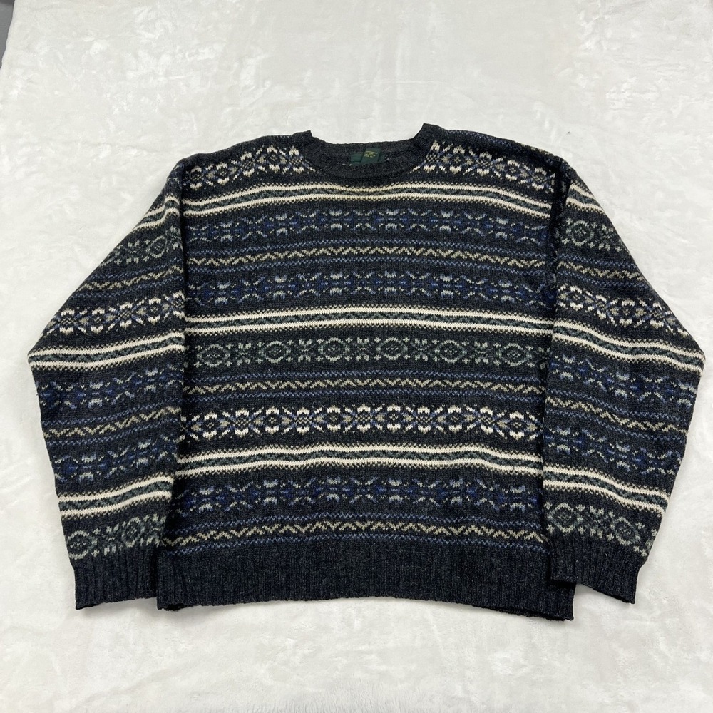 Club Room Sweater Mens L Grey Navy Blue Fair Isle Knit Crewneck Pullover